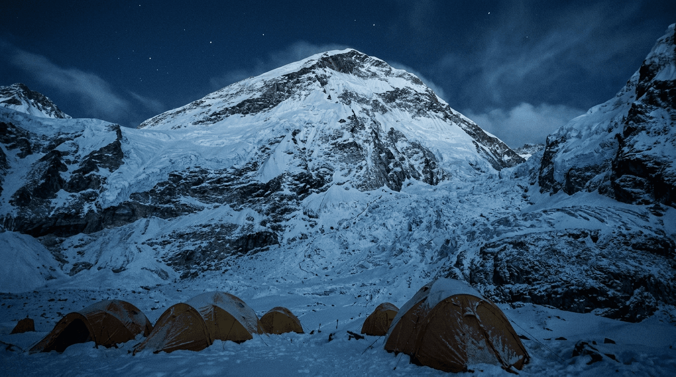 Base camp tents below a steep, snow-covered peak at night
