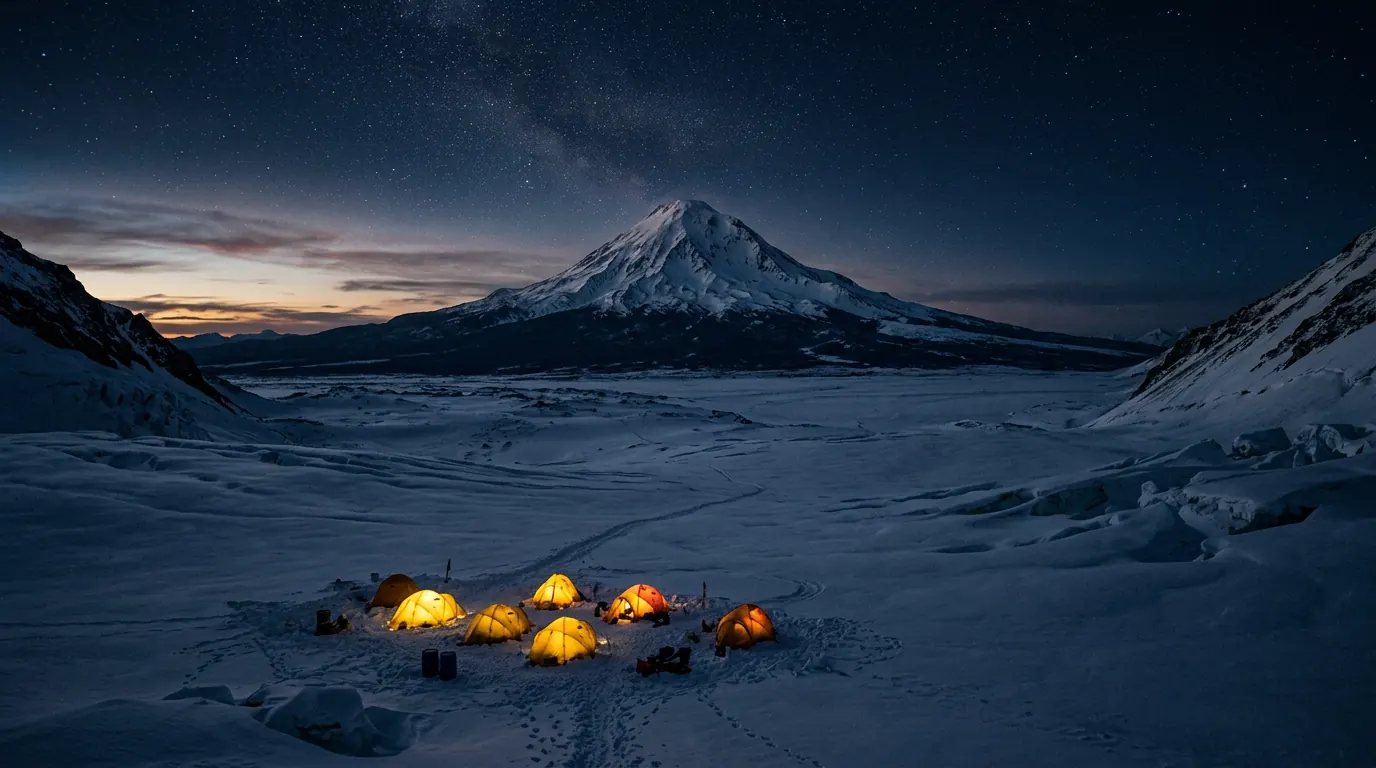 Base camp at night below a snow-covered summit