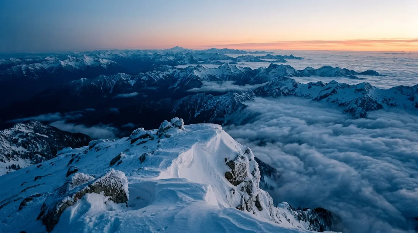 A lone climber on a summit above the clouds